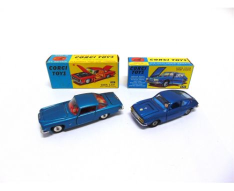 TWO CORGI TOY CARS  comprising a No.332, Lancia Fulvia Sport Zagato, metallic blue, excellent condition (flaking plating to b