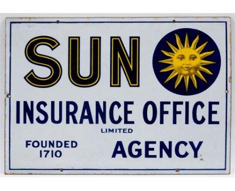 A SUN INSURANCE OFFICE ENAMEL WALL SIGN  with navy blue lettering against a white ground, and with the yellow sun trademark t