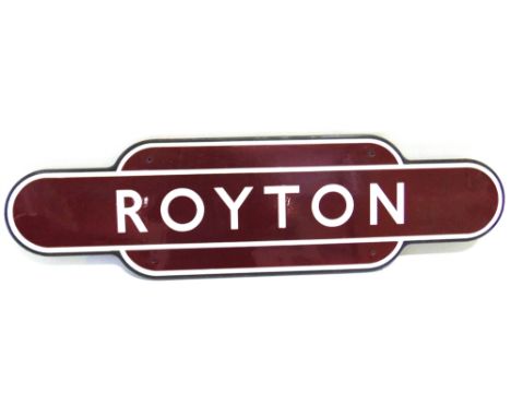 A BRITISH RAILWAYS (MIDLAND REGION) ENAMEL TOTEM SIGN 'ROYTON'  fully-flanged, in good original condition, 92.5cm long.  Note
