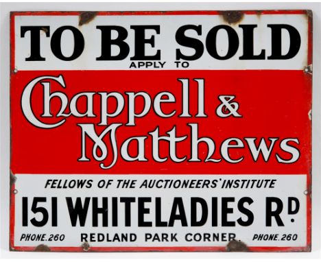 A CHAPPELL & MATTHEWS OF BRISTOL ESTATE AGENCY ENAMEL WALL OR POST SIGN  with black and white lettering against, respectively