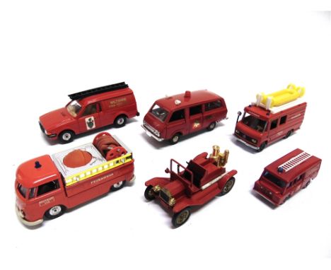 SIX DIECAST FIRE SERVICE MODEL VEHICLES  comprising a Yonezawa Diapet No.300, Toyota Hiace; and others by Gama, Siku, Matchbo