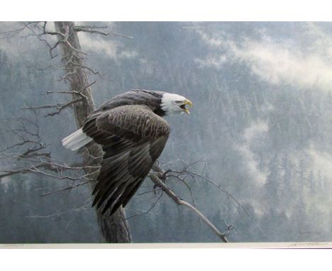 ROBERT BATEMAN (BORN 1930, CANADIAN) “The Air, The Forest and the Watch Bald Eagle” coloured print, signed and numbered in pe