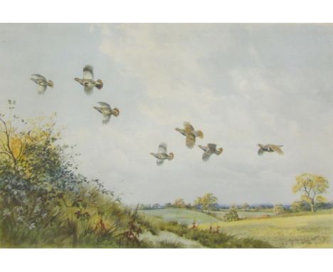 *JOHN CYRIL HARRISON (1898-1985, BRITISH)‘Partridge in Flight over a Field’ coloured print, signed in pencil to lower right m