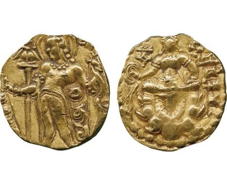 WORLD COINS, India, Gupta, Chandragupta II (380-414 AD), Gold Dinar, archer type, CHANDRA below arm of king standing left, ho