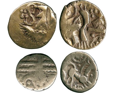 ANCIENT COINS, ANCIENT BRITISH, Celtic Gold, Belgae, Gold ¼-Stater, 1.35g, c.65-40 BC, angular standing figure(?), radiate or