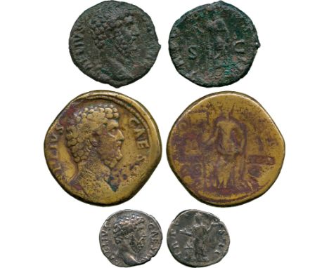 ANCIENT COINS, ROMAN COINS, Aelius (Caesar, AD 136-138), Silver Denarius, rev Pietas; with Sestertius, and As.  Generally fin