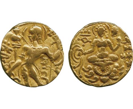 WORLD COINS, India, Gupta, Chandragupta II, Gold Dinar, archer type, CHANDRA below arm of king standing left, holding bow and