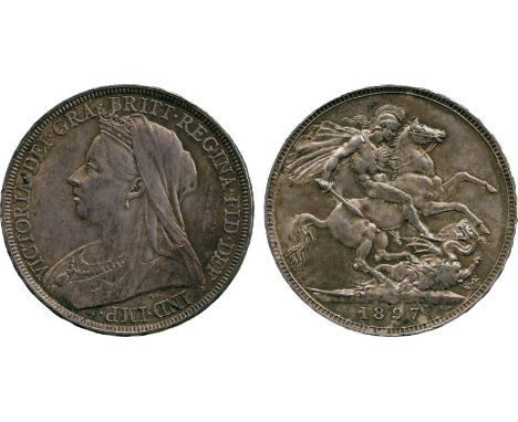 BRITISH COINS, Victoria, Silver Crown, 1897 LX, old veiled bust left, T.B. below truncation, rev St George and dragon, date i