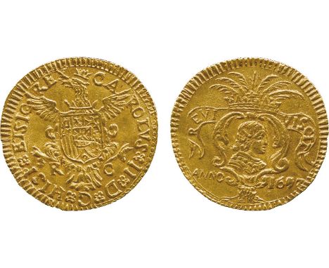 WORLD COINS, Italy, Sicily, Charles II of Spain (1665-1700), Gold Trionfo d’Oro, 1697, Palermo, crowned eagle standing facing