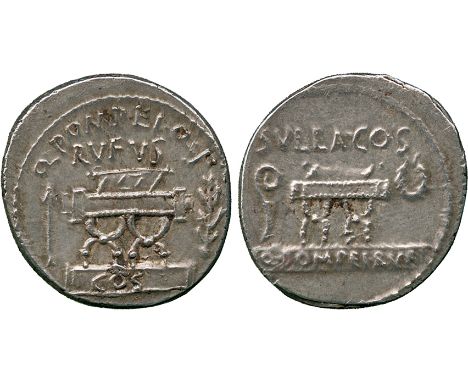 ANCIENT COINS, ROMAN COINS, Q. Pompeius Rufus (54 BC), Silver Denarius, Q POMPEI Q F / RVFVS, curule chair, arrow on left, la