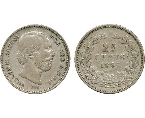 WORLD COINS, Netherlands, Willem III, Silver 25-Cents, 1887, mintmark axe and star, head right, rev value and date within wre