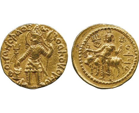 WORLD COINS, India, Kushan, Vasu Deva I (c.190-230 AD), Gold Dinar, king standing facing, head left, holding trident and lowe