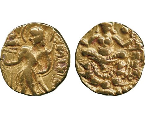 WORLD COINS, India, Gupta, Kumaragupta I (414-455 AD), Gold Dinar, archer type, king standing nimbate left, holding bow in le