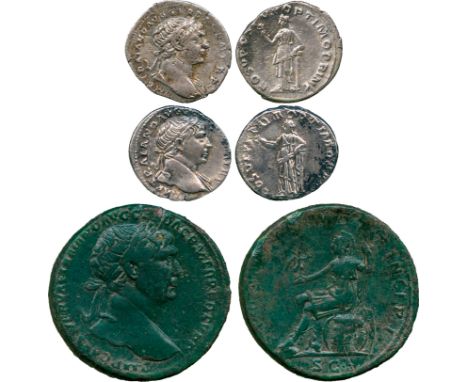 ANCIENT COINS, ROMAN COINS, Trajan (AD 98-117), Silver Denarii (2), rev Fortuna; with a Sestertius, rev Roma.  Generally abou