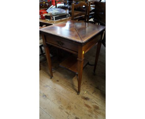 An circa 1900 mahogany, line inlaid and satinwood crossbanded envelope card table, 57cm wide. 