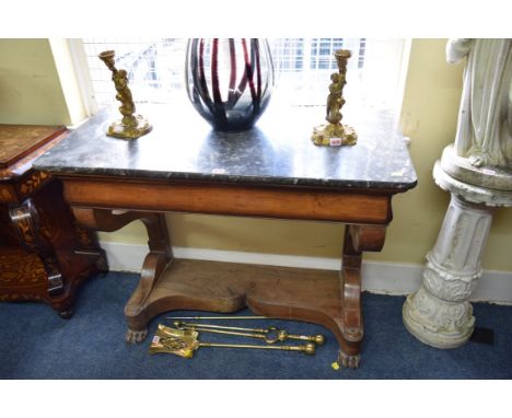 A 19th century Continental walnut and marble top console table, with frieze drawer, 107.5cm wide. 