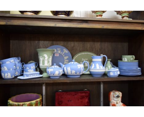A Wedgwood pale blue jasperware tea service; together with further similar Wedgwood pale green jasperware. 