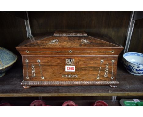 A Victorian rosewood and mother of pearl sarcophagus form tea caddy, 34cm wide. 