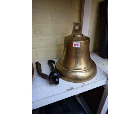 An old brass bell, inscribed G VI R, 25.5cm high, with black painted clapper.