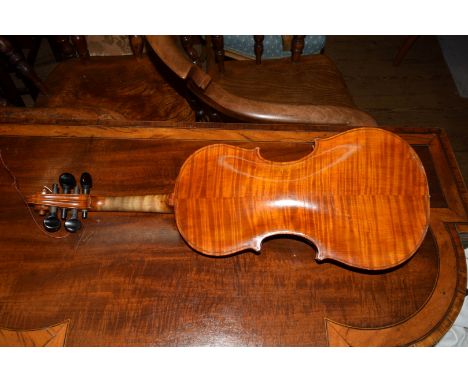 An early 20th century Continental violin, with 14 inch back, with octagonal turned bow in fitted ebonized case.  Condition Re