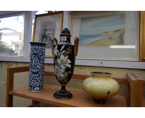 A Chinese blue and white cylindrical vase, 30.5cm high; together with a Victorian opaque glass twin handled vase and cover, (