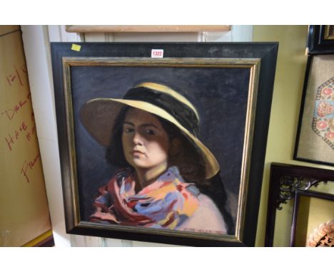 Zara Miles, head and shoulders portrait of a lady wearing a straw hat, signed and dated 92, oil on canvas, 49 x 49cm. 