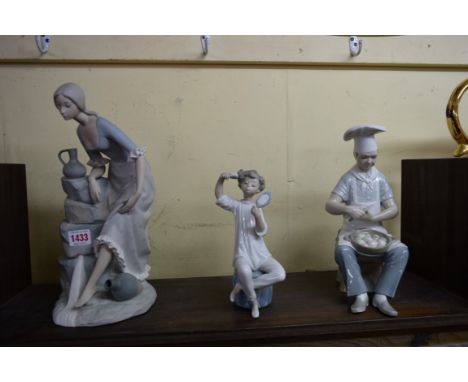 Two Nao figures, largest 33cm; together with another smaller Lladro figures, (repair of hand mirror). 