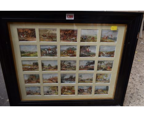 A framed display of twenty-five Players fox hunting cigarette cards; together with other sporting prints.