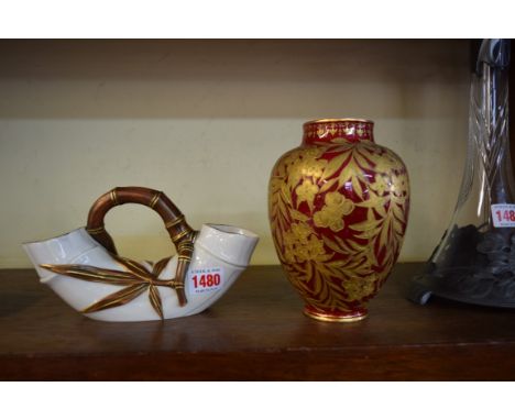 A Victorian Royal Worcester bamboo vase, circa 1888, 20.5cm wide; together with a Royal Crown Derby vase, circa 1844, decorat