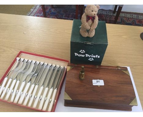 vintage boxed fish knife and fork set, vintage miniature Guinness beer advertising lighter, wood box and paw prints Beau bear