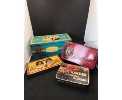 Collection of Vintage tins incl Coronation Souvenir tin 26th June 1902 from Rowntree &amp; Co, Afrikander smoking mixture tin