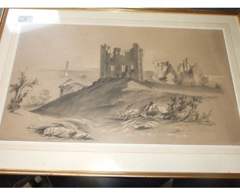 Victorian Drawing , sketch of Ruins and lighthouse signed bottom right Emily Thaetey ? 21st December 1853     16 x 24 inches