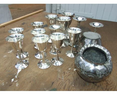 COLLECTION OF VALERO SILVER PLATE GOBLETS AND 2 ORNATE VASES