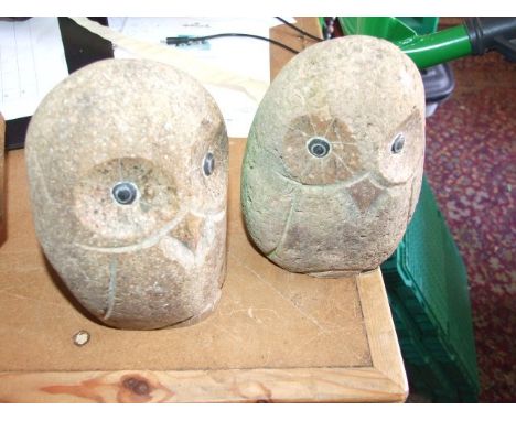 2 Stone Owls &amp; Vintage Salt Glazed post cap