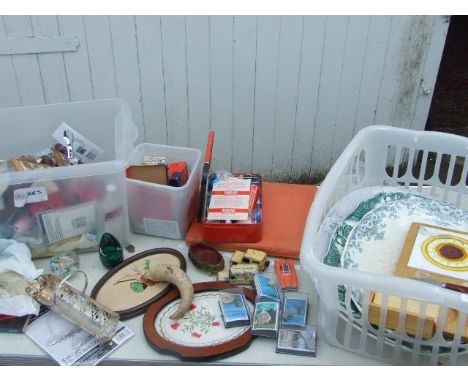 2 PLASTIC BOXES OF MISCELLANEOUS ITEMS TO INCLUDE DINKY VEHICLES FIRST AID TIN, PAPERWEIGHTS ETC