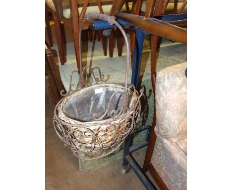 Wrought Iron Planter with liner 20 inches tall including handle