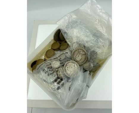 A tub of mainly British coins include silver 3d bit &amp; thrift 6d, four Florins 1894,1921,1928,1922; Four half crowns 1896,