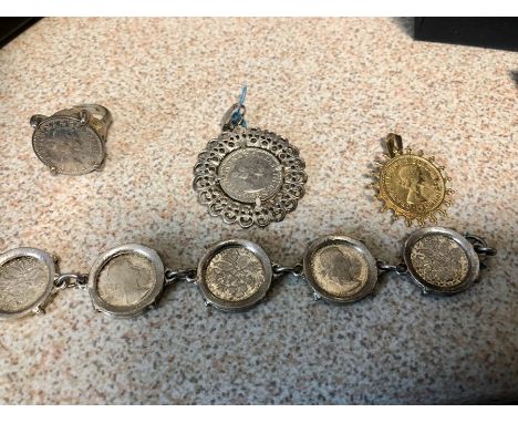 2 Sixpence Pendants , Sixpence Bracelet &amp; Sixpence Ring