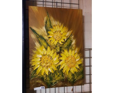 OIL ON CANVAS SUNFLOWERS - SIGNED R. AVILA 2006 - 62CMS (H) X 43CMS (W) APPROX