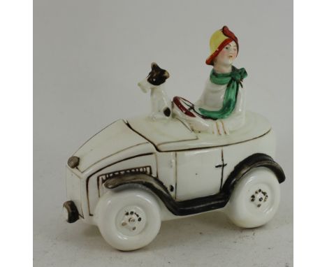 Small ceramic Art Deco car with passenger and dog 