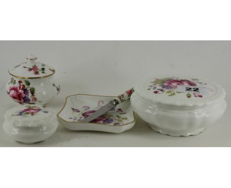 3 piece Shrewsbury Trinket set, a miniature crown derby mustard pot and a crown staffordshire small fruit knife 