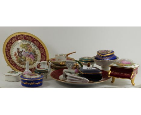 A large collection of Continental gilt porcelain trinket boxes, dishesetc... decorated with printed classical scenes 