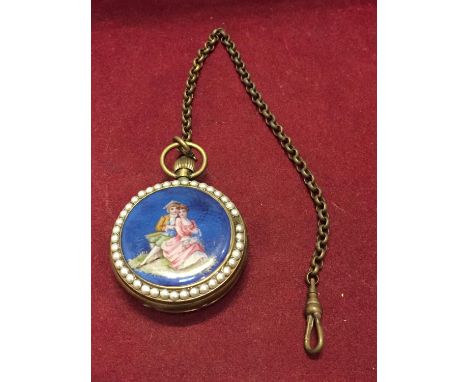 A POCKET WATCH WITH ENAMEL AND PEARL DOUBLE SIDED CASE 