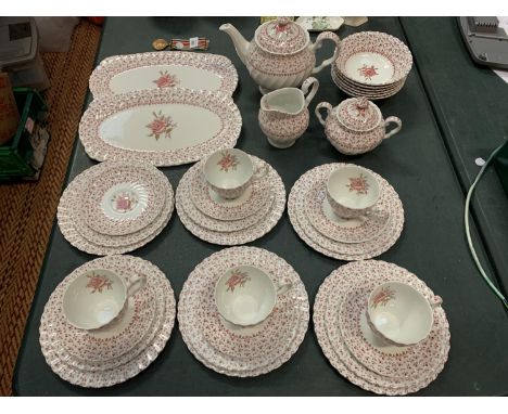 A SIX TRIO JOHNSON BROTHERS TEA SET 'ROSE BOUQUET' TO INCLUDE TEAPOT, CREAMER, SUGAR BOWL, SANDWICH PLATES 