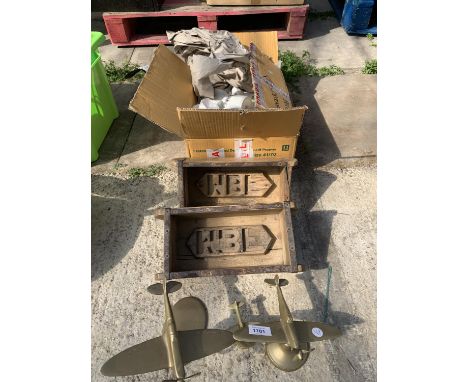 AN ASSORTMENT OF ITEMS TO INCLUDE INDIAN BRICK MOULDS, THREE BRASS AREOPLANES AND CERAMIC WARE 