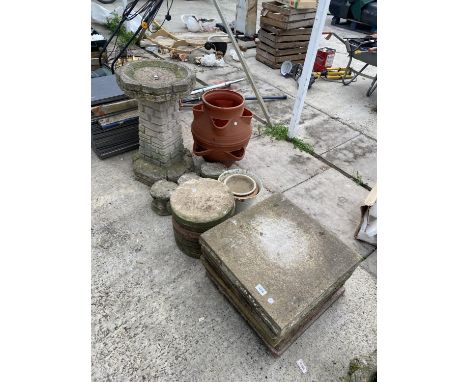 VARIOUS GARDEN ORNAMENTS - A BIRD BATH, STRAWBERRY PLANTER ETC 