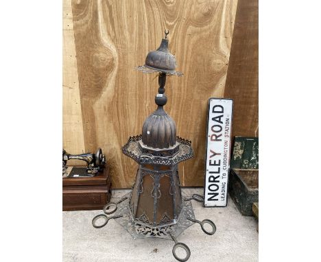 A DECORATIVE VINTAGE MORROCAN LANTERN STYLE LIGHT (H:137CM W:104CM) 