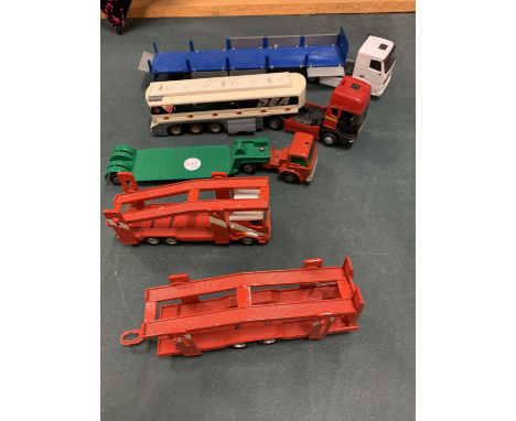 THREE CORGI WAGONS WITH TRAILERS TO INCLUDE A TRANSPORTER, A DEA AND A CAR TRANSPORTER 