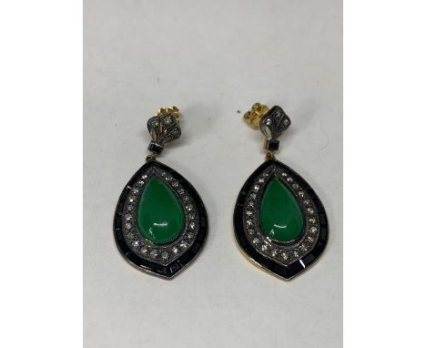 A PAIR OF JADE ON BLACK ONYX EARRINGS WITH DIAMOND SURROUND AND YELLOW AND WHITE METAL 
