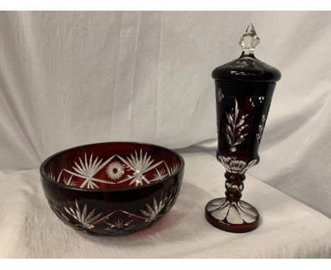 TWO PIECES OF RUBY CUT GLASS OVERLAY ITEMS, A BOWL AND A LIDDED GLASS (LID A/F) 